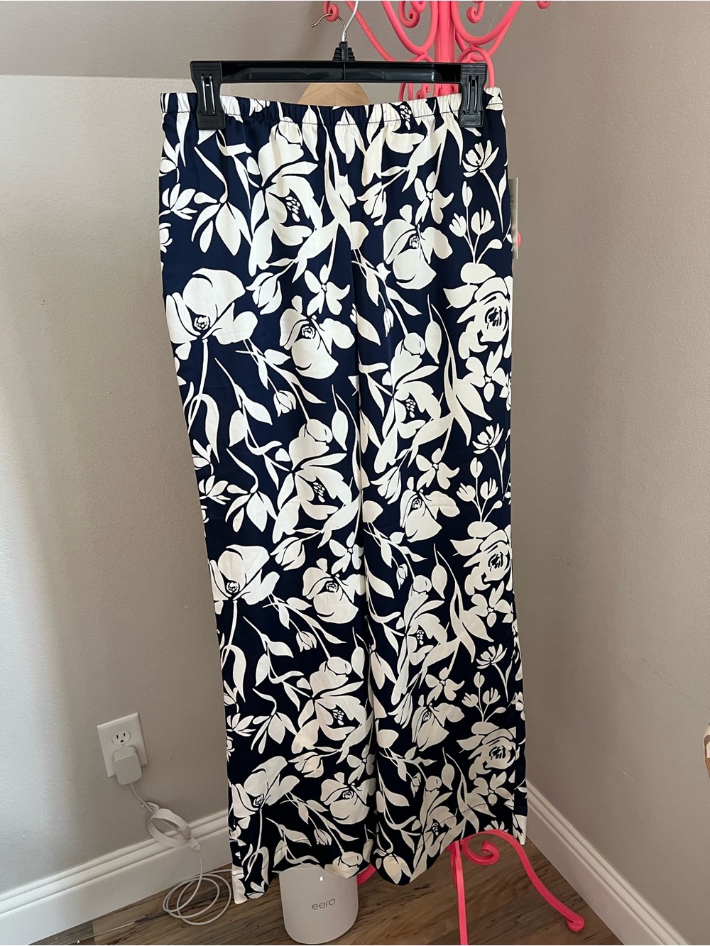 Navy and White Floral Wide-Leg Silky Pants